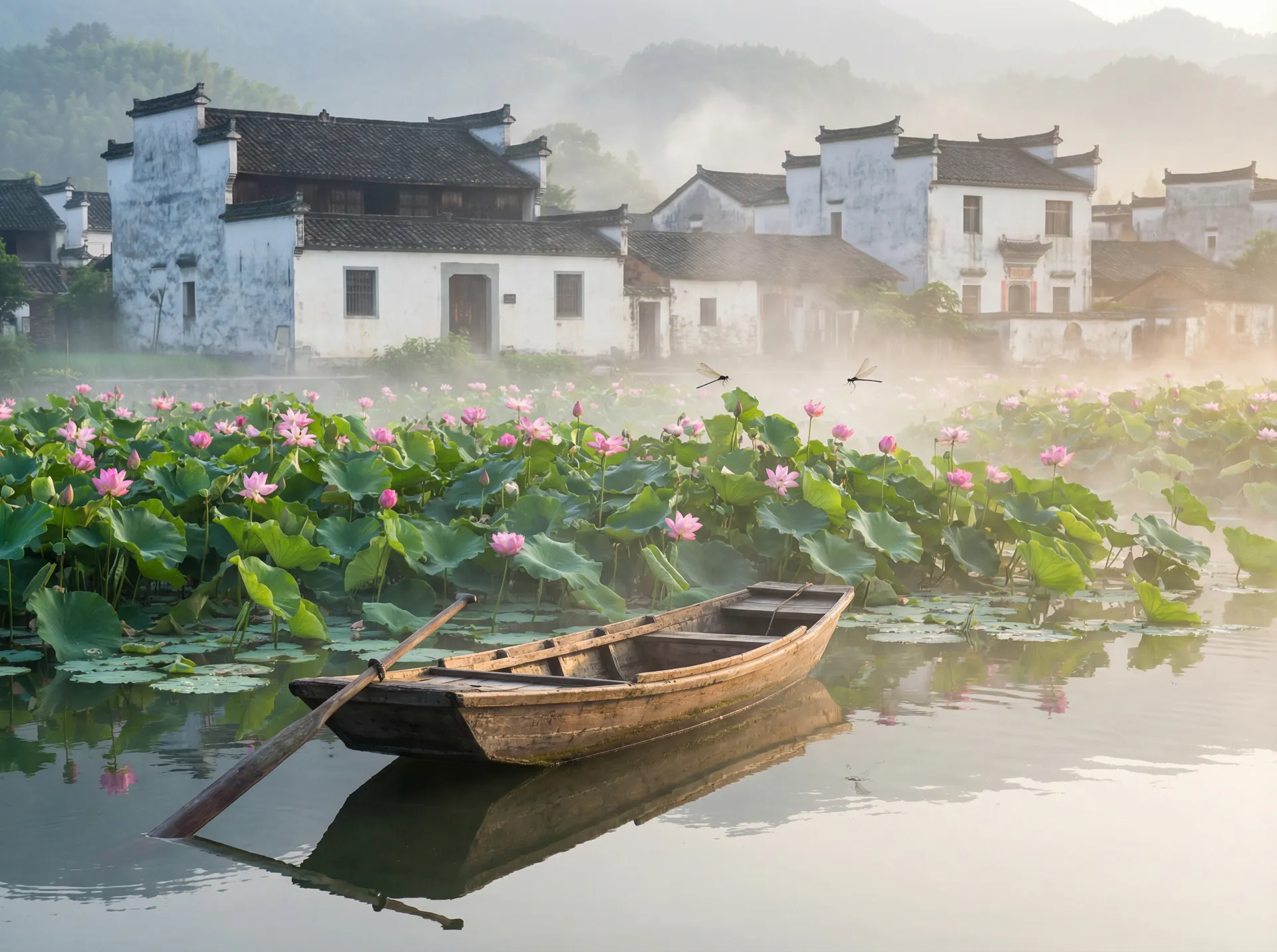 清晨荷塘小舟，粉色荷花盛开，白墙黑瓦的村庄 - 全国空降 水乡风情